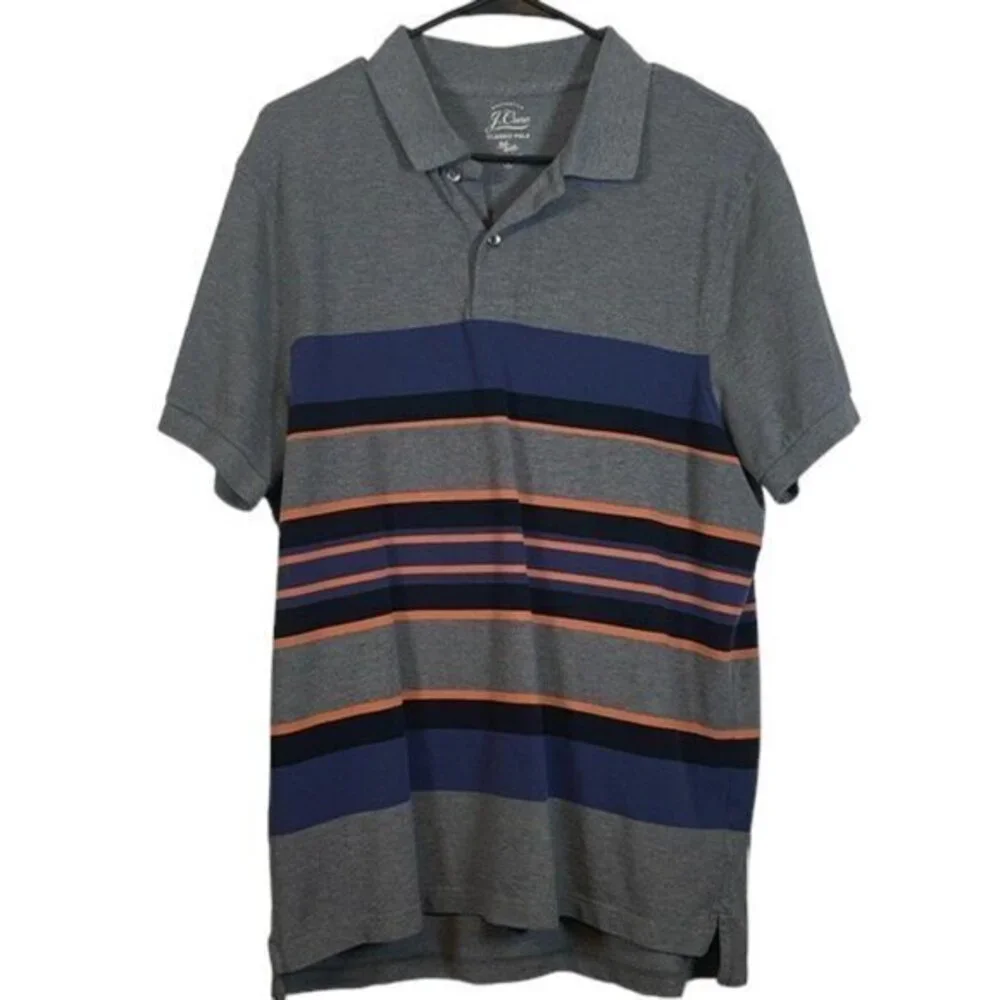 J Crew Gray Stripe Classic Polo Knit Goods Pullover Shirt Size Large EUC #6771